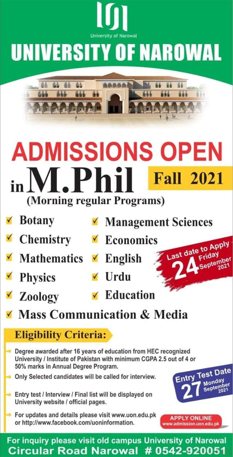 UON M.Phill Admissions Open