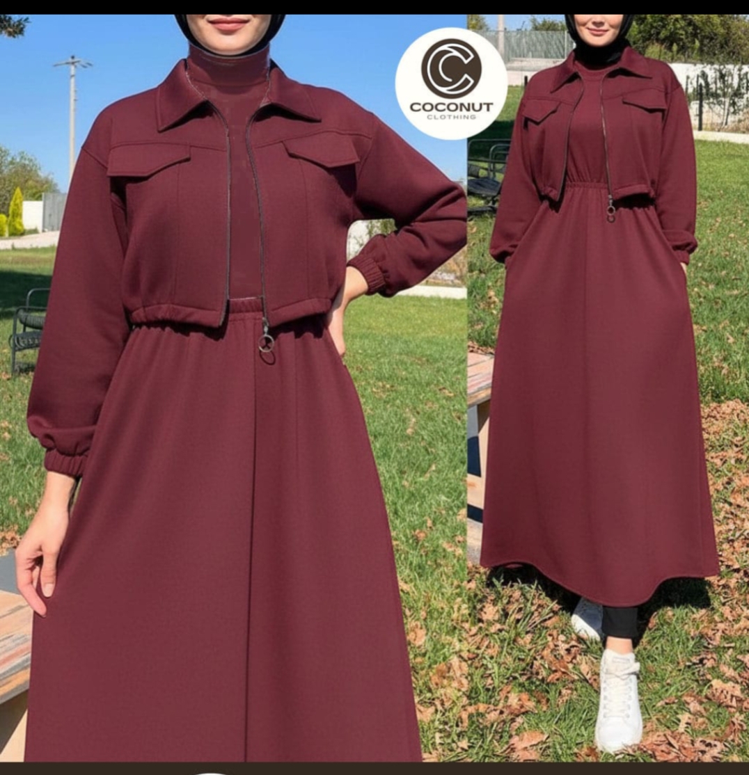 Winter 2PC Fleece Dress | Zipper Jacket + Long Frock